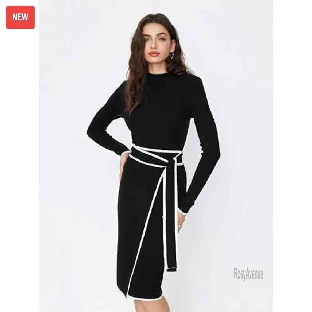 Long Sleeve Mock Turtleneck Sweater Dress Midi Work Dress Slim Fit - Picture 5 of 8